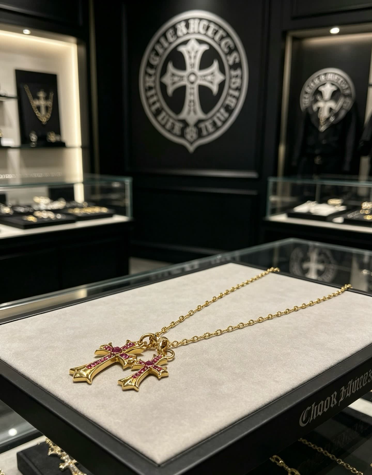 Chrome Hearts Gold Cross Pendant with Ruby Stones